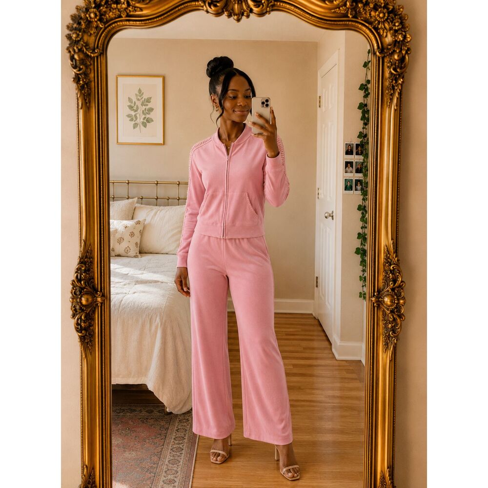 Vtg Bloomingdale's Pink Velour Tracksuit Set M Beaded Shoulder Detail Loungewear